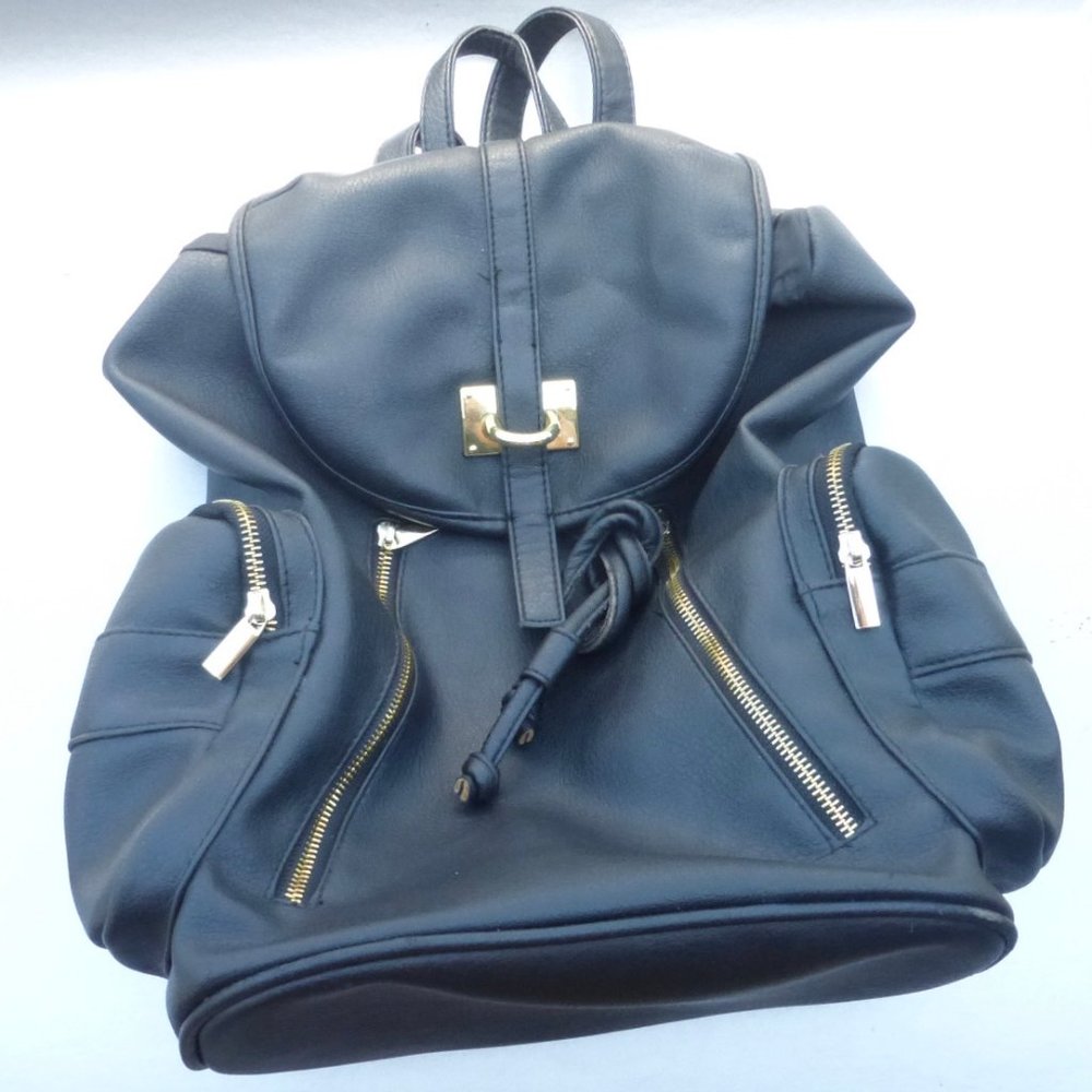 Black Faux Leather Backpack Gold Accents Bag